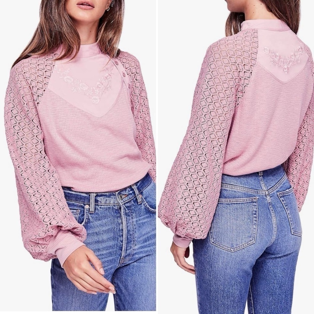 Free People Sweetest Thing Thermal Crochet Sleeve Top Rose Mauve M